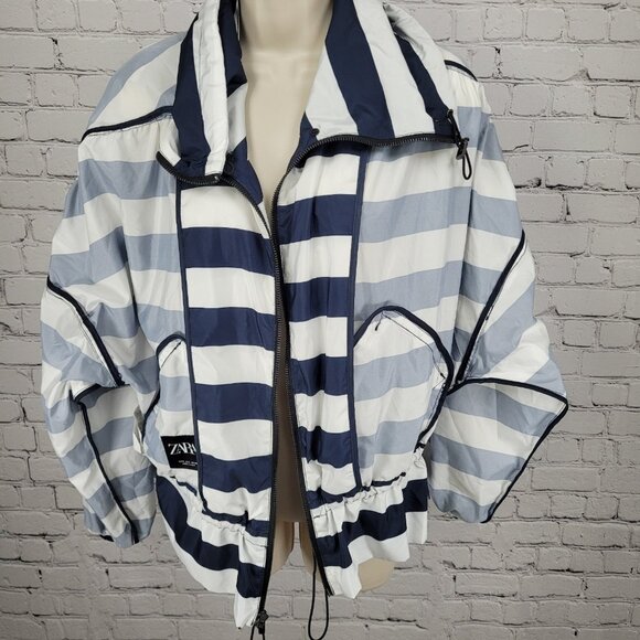 Zara Navy White Boxy Hideable Hood Lightweight Windbreaker Jacket Size Large L - Picture 6 of 16